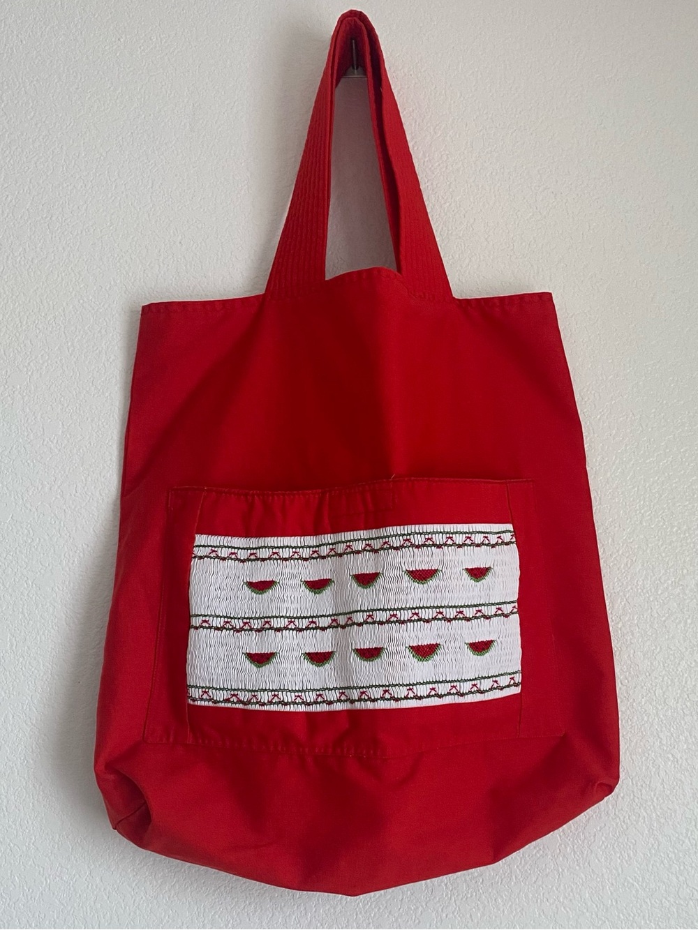 Patchwork tote with traditional embroidered watermelon front pouch pocket